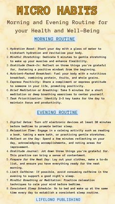 Micro-habit infused morning and evening routines! Hydration, gratitude, and mindful moments in the AM, and unwind with tech detox, reflection, and calming rituals at night. Small changes, big impact! #WellnessRoutines #HealthyHabits #MorningRoutine #EveningSelfCare #GratitudePractice #MicroHabits #WellnessJourney #PositiveLiving #SelfImprovement Microhabits List, How To Strengthen Your Mind, Health And Healing, Unwind Routine, Well Rounded Person, Morning Wellness Routine, Morning Mindfulness, Morning Evening Routine, Micro Habits