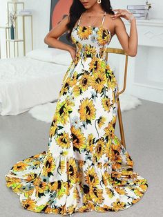 Sunflower Slim Elastic Summer Dress Sunflower Outfit, Stylish Maxi Dress, Sunflower Dress, Backless Maxi Dresses, Style Maxi Dress, Winter Fashion Outfits, Dress 100, Printed Maxi Dress, Womens Maxi Dresses