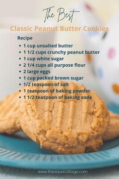 the best peanut butter cookies recipe on a blue plate