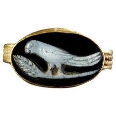 an old gold and black ring with a bird on it's side, in the middle