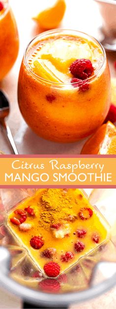 citrus raspberry mango smoothie in a glass bowl