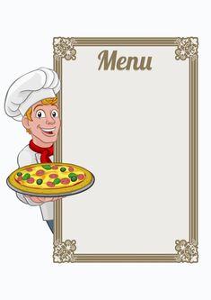 a cartoon chef holding a pizza on a plate with the word menu in front of it