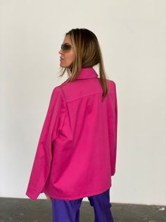 "YSL soft cotton structured box coat in a bright pink. Shoulder pads give a strong structure, collared and button with one unique button at the top. Slight fade or wear in the fabric, otherwise in excellent condition. Shoulders 17\" Chest 44\" Length 27\" Arms 24\" Waist 46\"" Pink Collared Outerwear For Work, Collared Pink Outerwear For Work, Pink Relaxed Fit Outerwear For Work, Pink Cotton Blazer For Fall, Pink Cotton Outerwear For Work, Classic Pink Long Sleeve Outerwear, Classic Pink Cotton Outerwear, Pink Cotton Outerwear With Buttons, Pink Button-up Outerwear For Work