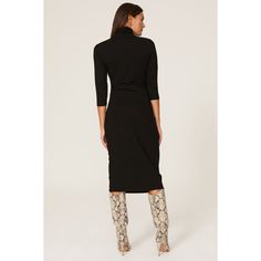 Black jersey (95% Lenzing™ Ecovero™ viscose, 5% elastane). Sweater sheath. Turtleneck. Long sleeves. Pull-on. 44" from shoulder to hemline. Imported. Elastane Bodycon Midi Dress For Work, Bodycon Elastane Midi Dress For Work, Bodycon Midi Dress For Work, Elastane Bodycon Dress For Fall, Stretch Elastane Bodycon Dress For Work, Flattering Elastane Bodycon Dress, Flattering Elastane Bodycon Dress For Work, Fall Night Out Midi Dress In Elastane, Fitted Knee-length Viscose Midi Dress