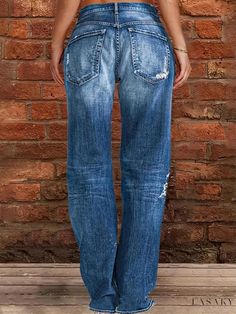 Lasaky - Womens Casual Denim Jeans: Blue Straight Jeans with Distressed Ripped Holes, Loose Fit and Slash Pockets Trousers Street Style, Denim Style Casual, Elastic Jeans, Casual Denim Jeans, Jeans Outfit Fall, Jeans Street Style, Trendy Streetwear, Fall Jeans, Straight Cut Jeans