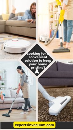 a woman is vacuuming the floor in her living room and cleaning it with a mop