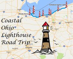 a map with a lighthouse on it and the words coastal lighthouse road trip in red