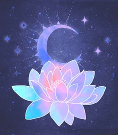 a painting of a lotus flower with the moon and stars in the sky behind it