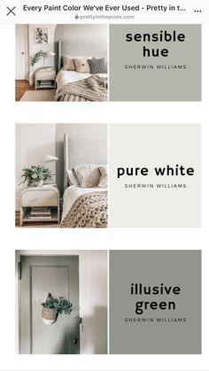 four different color schemes for a bedroom with white walls and furniture, including a bed