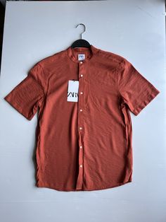 Zara bias cut shirt Men's short sleeve Shirt slim fit coral Sz S. Red Half Sleeve Summer T-shirt, Casual Orange Collared T-shirt, Red Half Sleeve Shirt For Summer, Red Half Sleeve T-shirt For Summer, Red Half-sleeve Summer T-shirt, Orange Short Sleeve Shirt For Spring, Zara Short Sleeve T-shirt For Summer, Zara Short Sleeve Summer Tops, Fitted Red Short Sleeve Shirt For Summer