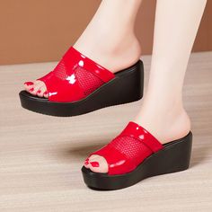 Shipping: Worldwide Express Shipping AvailableDelivery time: 7-15Days Fast ShippingReturns: Fast refund, 100% Money Back Guarantee. Slippers White, Patent Leather Shoes, Leather Wedge Sandals, Leather Shoes Woman, Sandals For Women, Womens Wedges, Mid Heel, New Style, Wedge Sandals