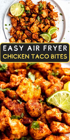 Split image showing overhead image of chicken taco bites on white plate at top. Below, close up image of chicken taco bites. Bulk Dinner Recipes, Air Fryer Chicken Burrito Bowl, Quick Chicken Recipes Air Fryer, Chicken Taco Air Fryer, Air Fry Chicken Tacos, Chicken Taco Bites, Low Calorie Chicken Recipes Air Fryer, Chicken Tacos In Air Fryer, Air Fried Chicken Recipes Healthy