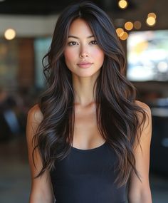 Elegant Long Layers with Dark Fall Hair Colors Asian 🍂 Lowlights For Asian Hair, Popular Layered Haircuts, Long Dark Hair With Subtle Highlights, Natural Hair Color Asian, Long Hair With Layers Asian, Asian Hair Styles Long, Asian Winter Hair Color, Long Layered Haircuts Asian Hair