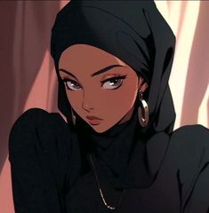 a woman in a black outfit with big hoop earrings on her head looking off to the side