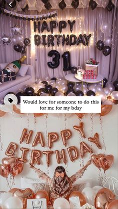 a birthday party with balloons and streamers on the wall, including an image of a woman holding her hands up in the air