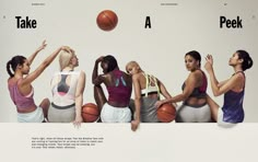 there are four women sitting on a wall with basketballs in front of them and the words take a peek above them