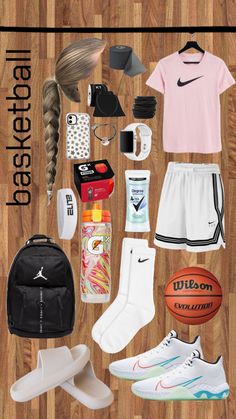 the back to school essentials are laid out on a wooden floor with shoes, backpack and other items