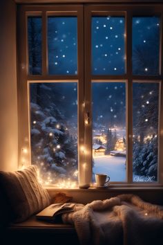 a window that has some lights on it in front of a snow covered yard and trees