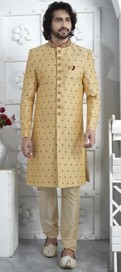 Gold color Sherwani in Georgette fabric with Bugle Beads, Embroidered, Thread, Zardozi work Designer Yellow Sherwani With Dabka Work, Yellow Sherwani With Dabka Work For Designer Wear, Zardozi Work, Wedding Sherwani, Beads Work, Wedding Gold, Georgette Fabric, Bugle Beads, Bead Work