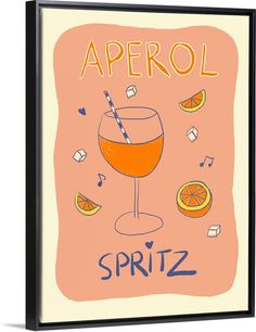 Canvas Art Print, Black Floating Frame entitled Aperol Spritz.  Multiple sizes available.  Primary colors within this image include Peach, Orange, Light Yellow, Muted Blue.  Made in USA.  Satisfaction guaranteed.  Inks used are latex-based and designed to last.  Canvas is acid-free and 20 millimeters thick.  Museum-quality, artist-grade canvas mounted on sturdy wooden stretcher bars 1.5 thick.  Comes ready to hang. Pretty Posters, Hamptons Coastal, Summer Poster, Vintage Text, Face Lines, Desert Art, John James Audubon, Geometry Art, Orange Light