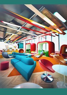 an artistic rendering of a colorfully decorated room with couches, tables and chairs