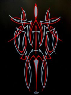 a black background with red and grey designs on it, including an abstract design in the center