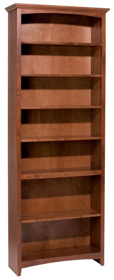 a wooden bookcase with three shelves and no doors on the bottom shelf is shown