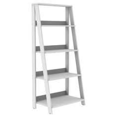 a white ladder shelf with three shelves on each side