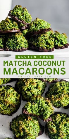 green matcha coconut macaroons stacked on top of each other with the title overlay