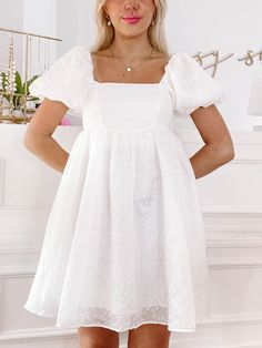 Cute White Puffy Dress, Babydoll Dress White, White Babydoll Dress Outfit, White Dress Dance, Cute Dresses White, Babydoll Dress Aesthetic, White Puff Dress, White Puffy Dress, Tulle Babydoll Dress