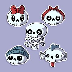 skull stickers with bows and bones in different shapes, sizes and colors on a purple background