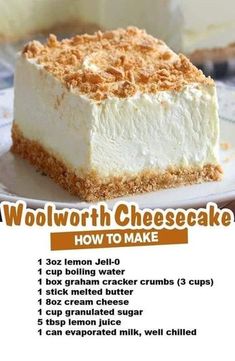 a piece of cheesecake on a plate with instructions for how to bake it