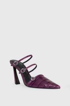 Make a bold statement with the Mule with Buckles. Featuring a high heel and standout buckle details, this mule is crafted from premium leather with a pointed toe. The leather lining and sock provide comfort, ensuring you look and feel your best. Style# BUCKLEMLH94 Leather Crocodile Heel Height: 3. | Rebecca Minkoff Buckle Heeled Mule In Berry - Size 7.5 Heeled Mule, Leather Outerwear, Buckled Heels, Large Shoulder Bags, Small Tote, Leather Dresses, Belt Bag, Handbag Accessories, Shoe Collection