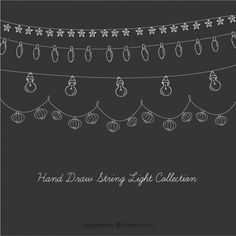 hand drawn string light collection with stars and baubles hanging from the line on a black background