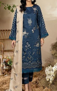 Navy Blue Viscose Suit -  Pakistani Winter Dresses Pakistani Winter Dresses, Winter Suits, Winter Suit, Add Sleeves, Suits For Sale, Embroidered Neckline, Silk Dyeing, Designer Suits, Winter Dresses