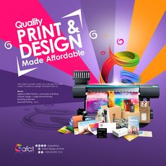 an advertisement for a print and design company with various items in front of the image