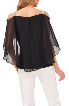 Pop on this light and airy off-the-shoulder top that showcases a sheer cape overlay at the back and glittering rhinestones at the shoulders and side. 95% polyester, 5% spandex Hand wash, line dry Imported Elegant Mesh Top For Evening In Summer, Chic Off-shoulder Top For Evening In Summer, Chic Off-shoulder Top For Summer Evenings, Off-shoulder Chiffon Blouse, Evening Sheer Chiffon Top, Chiffon Off-shoulder Top For Spring, Off-shoulder Top With Sheer Sleeves For Evening, Chic Sheer Off-shoulder Mesh Top, Black Sheer Off-shoulder Top