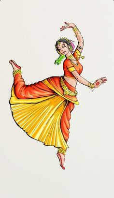 a drawing of a woman in an orange and yellow dress with her arms spread out