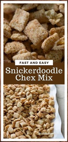 a close up of some food with the words, fast and easy snickkerdoodlele chex mix