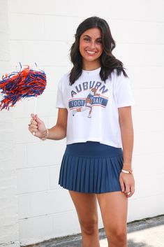 Crewneck cropped tee Vintage Auburn graphic Model is wearing size small Auburn Tigers Game Day Outfit, Auburn Football Game Outfit, Spring Cheerleading Crew Neck T-shirt, Spring Graphic Print Tops For Cheerleading, Spring Short Sleeve Tops For Cheerleading, Auburn Football Outfits, Auburn Game Day Outfits, College Shirt Ideas, Auburn Gameday Outfit