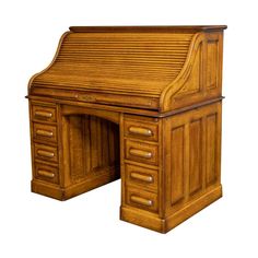 an old fashioned wooden desk with drawers on the top and bottom, against a white background