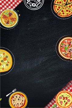 the pizzas are arranged in circles on the blackboard with red and white checkered tablecloth