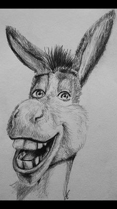 a pencil drawing of a donkey with its mouth open and tongue hanging out to the side