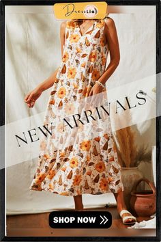 Flower Leaves Print V-neck Sleeveless Women Loose Maxi Dress Casual Sleeveless V-neck Dress With Floral Print, Bohemian Floral Print Sleeveless Dress For Garden Party, Bohemian Sleeveless Dress With Floral Print For Garden Party, Bohemian Sleeveless Floral Dress For Garden Party, Orange Sleeveless Maxi Dress With Floral Print, Sleeveless Orange Maxi Dress With Floral Print, Orange Floral Print Sleeveless Sundress, Orange Floral Print Sleeveless Dress For Beach, Sleeveless Orange Sundress For Garden Parties