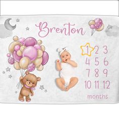 a baby's birth photo with balloons and teddy bears on the back of it