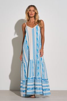 Get ready for summer with the "Tulum" Maxi Dress. This breezy dress, made from 100% cotton, showcases spaghetti straps and a tiered design for a flowy and fun silhouette. The vibrant multicolor tribal pattern adds a boho charm perfect for summer Denim Dress Fall, Jumpsuit Coverup, Summer Dress Casual, Walks On The Beach, Get Ready For Summer, Breezy Dress, Printed Dresses, Embroidered Maxi Dress, Beach Maxi Dress