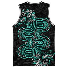 a black tank top with green and white designs on it, all over the chest