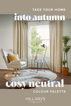 Neutral cream curtains at a bay window. In front of the window, there's a patterned armchair, stacked coffee tables and a tall house plant. Neutral Home Interior, Off White Curtains, White Blackout Curtains, Cream Curtains, Cosy Spaces, Neutral Home, White Curtains, Neutral Colour Palette