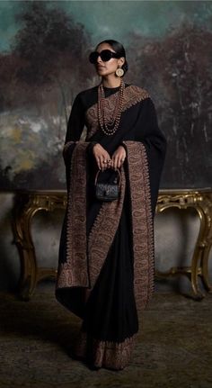 Bollywood Style Embroidered Shawl In Traditional Drape, Bollywood Pashmina Saree In Traditional Drape, Luxury Bollywood Pre-draped Chanderi Saree, Black Bollywood Style Pre-draped Saree In Art Silk, Luxury Black Chanderi Pre-draped Saree, Cute Asian Fashion, Pakistani Fashion, Asian Fashion, Desi