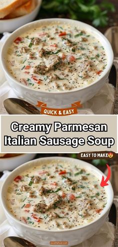 creamy parmesan italian sausage soup in a white bowl